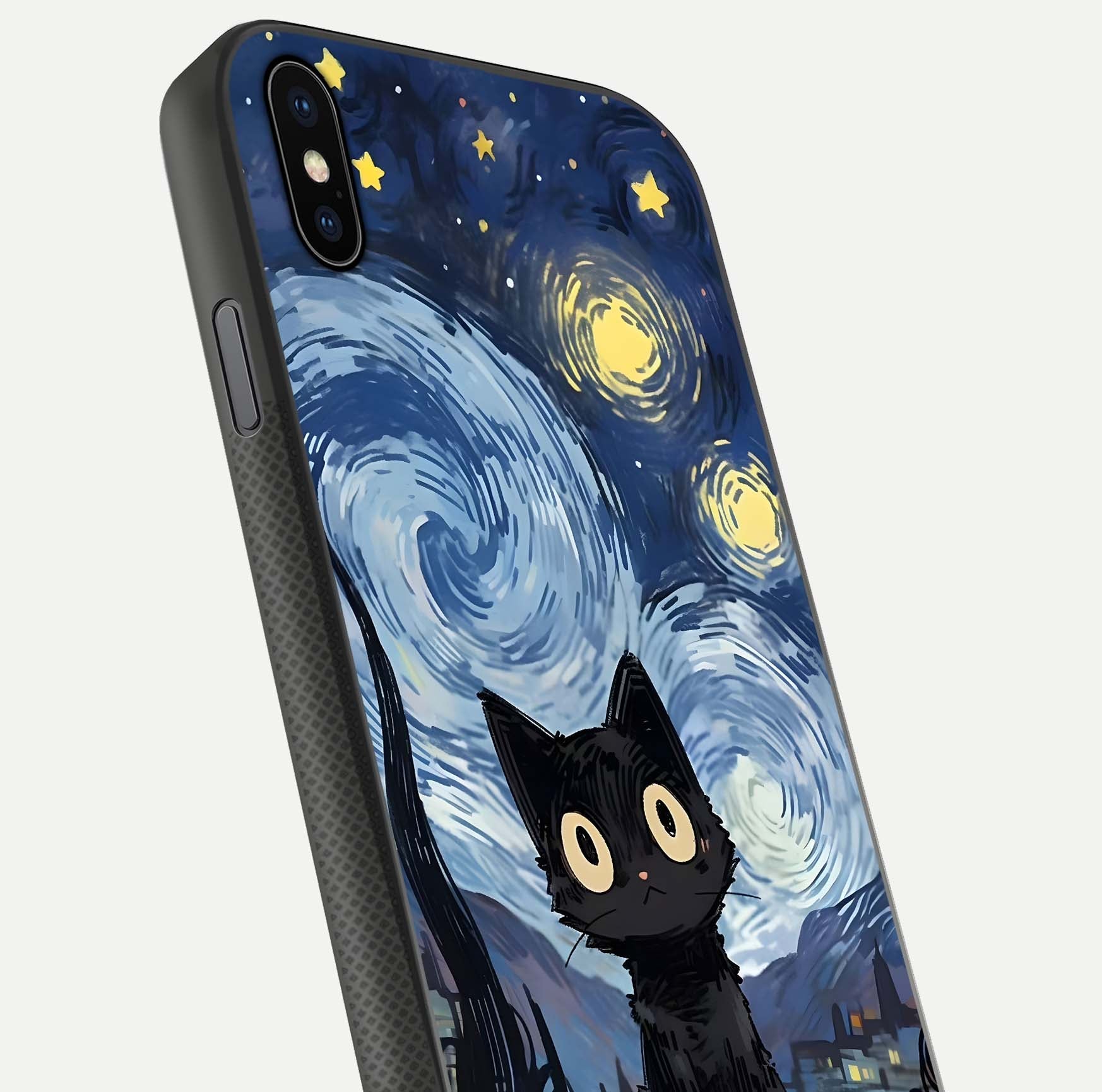Van Gogh Cat Glass Case for iPhone Xs Max close-up angled shot highlighting brushstroke texture and reflection