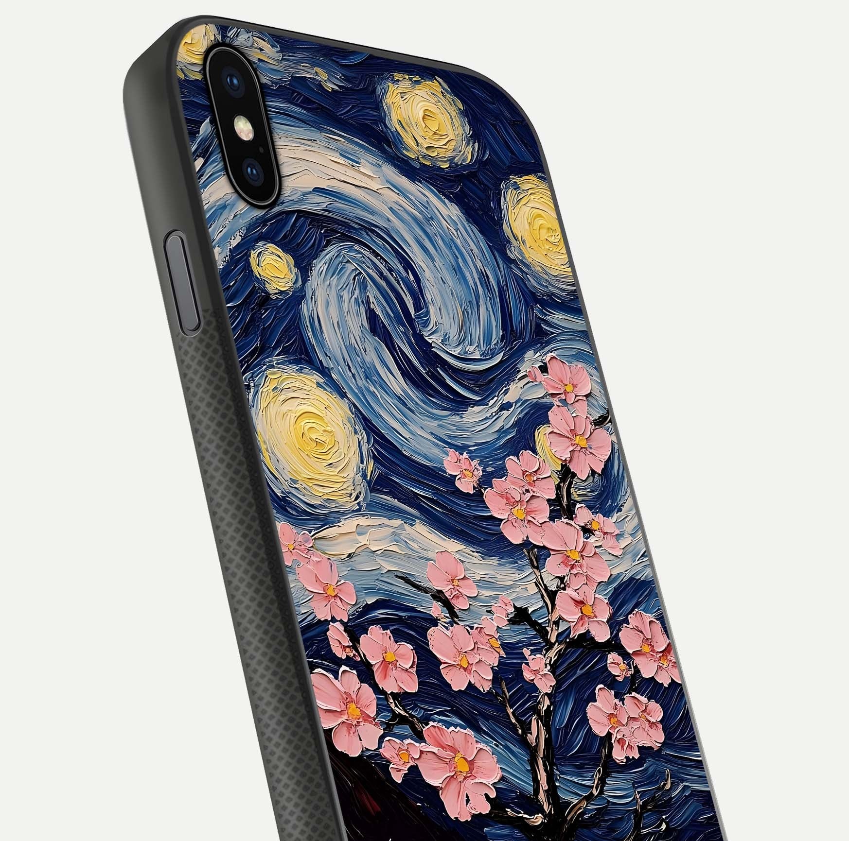 Van Gogh Scenery Glass Case for iPhone Xs Max close-up angled shot highlighting brushwork texture and color depth