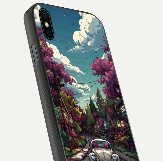 Vintage Street Drive Glass Case for iPhone Xs Max close-up angled shot highlighting vintage tones and reflection