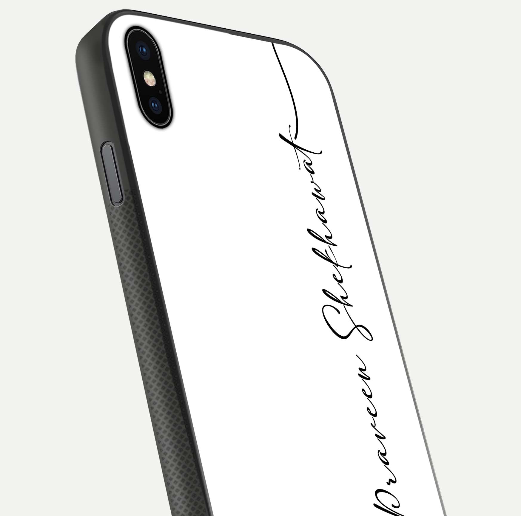 White Tune Custom Name Glass Case for iPhone Xs Max close-up angled shot highlighting gloss reflection and texture