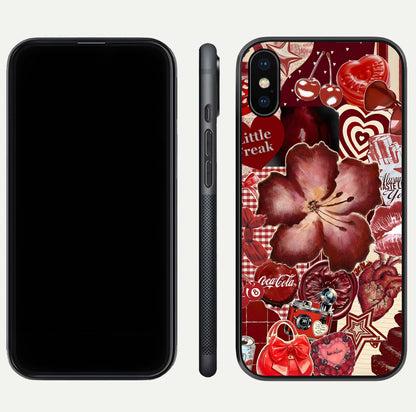 Aesthetic Little Freak Glass Case for iPhone 16 Pro front and back view layout showing black front display and trendy collage glass back