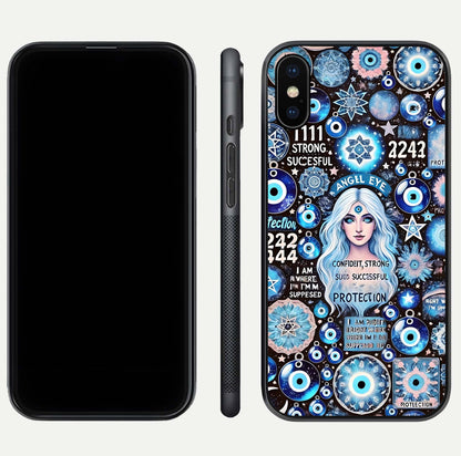 Angel Aura Shield Glass Case for iPhone 16 Pro front and back display highlighting glass clarity and spiritual design