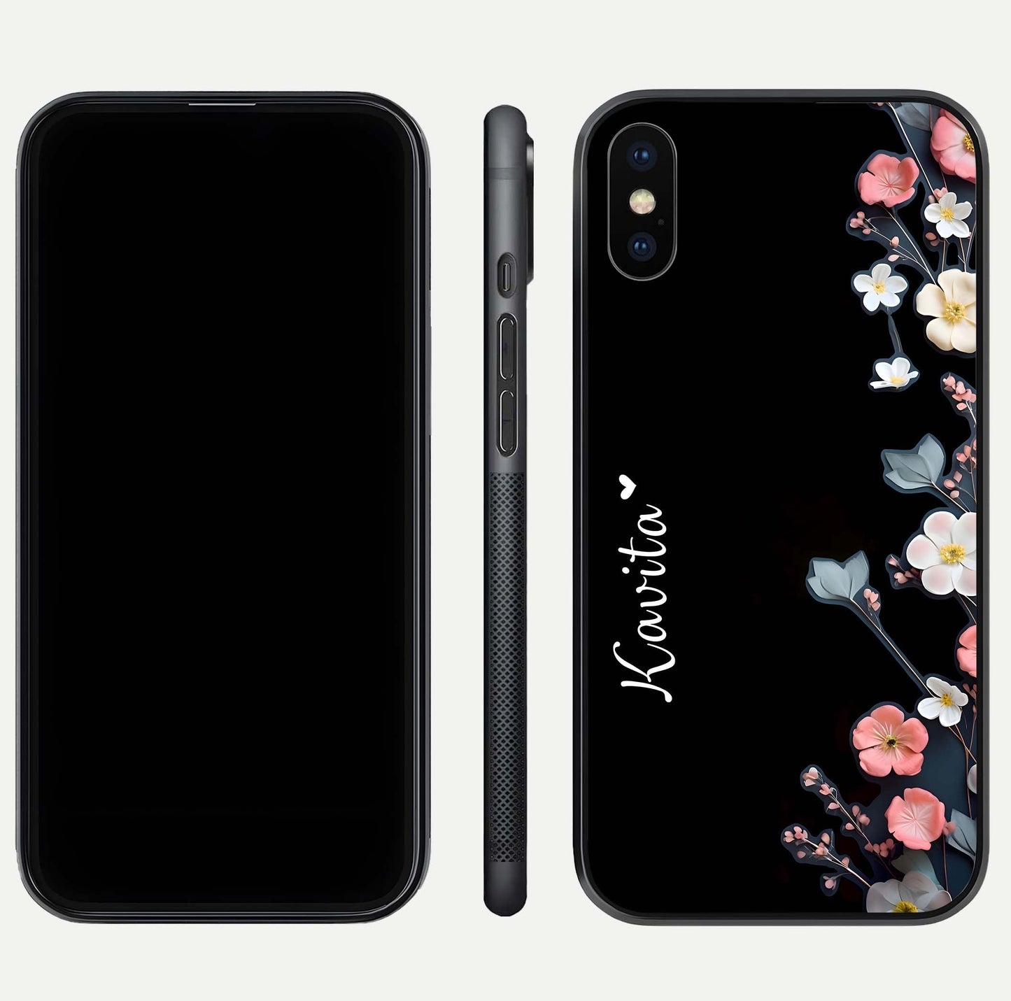 Black Elegance Floral Custom Name Glass Case for iPhone Xs Max dual-view layout displaying name placement and gloss finish