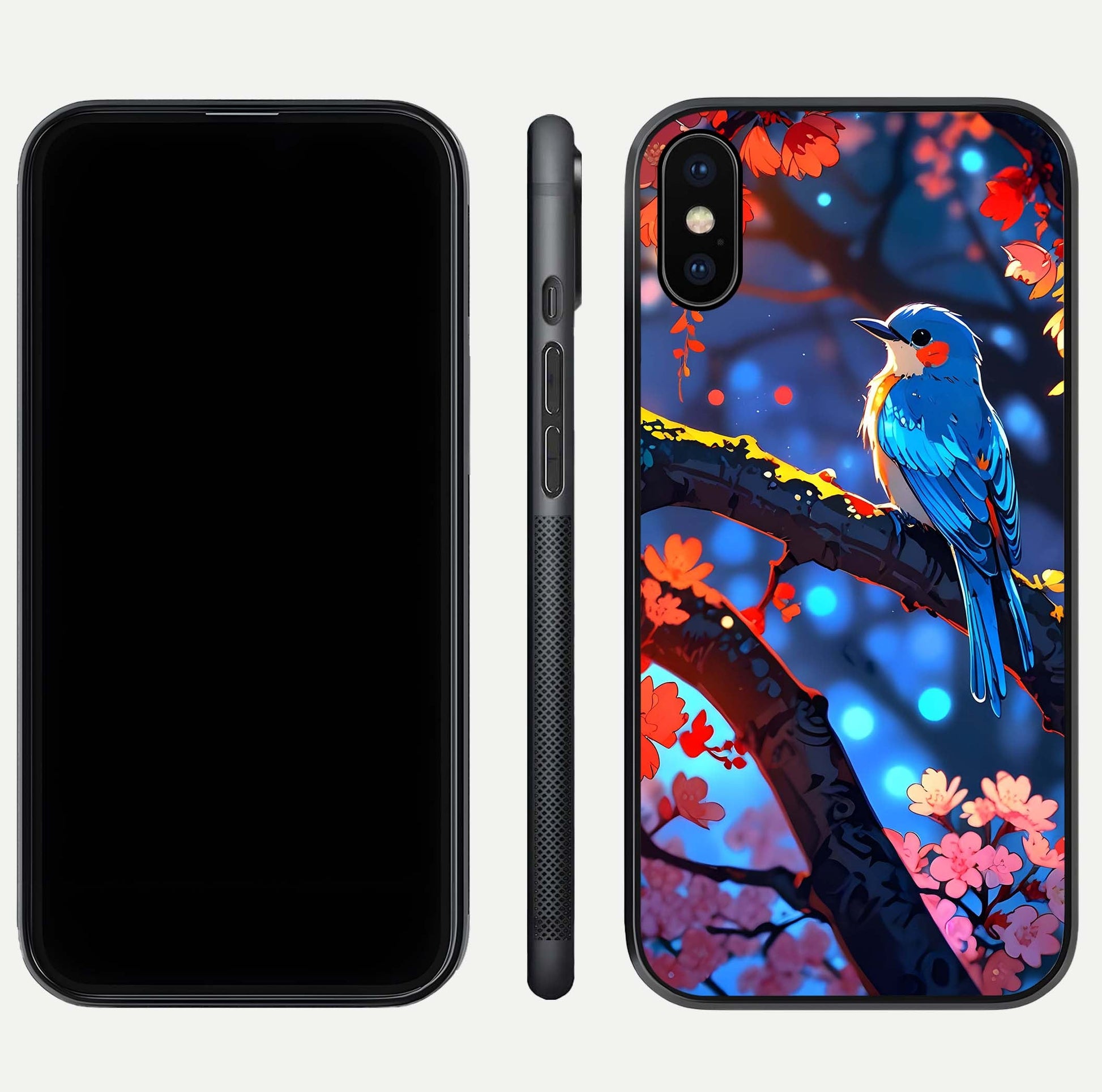 Blooming Spendor Bird Glass Case for iPhone Xs Max front-and-back view showing nature print and protective edge
