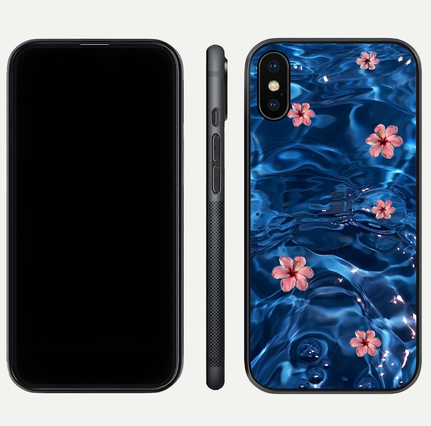 Blooming Water Drift Glass Case for iPhone Xs Max front-and-back layout highlighting edge design and serene water bloom art