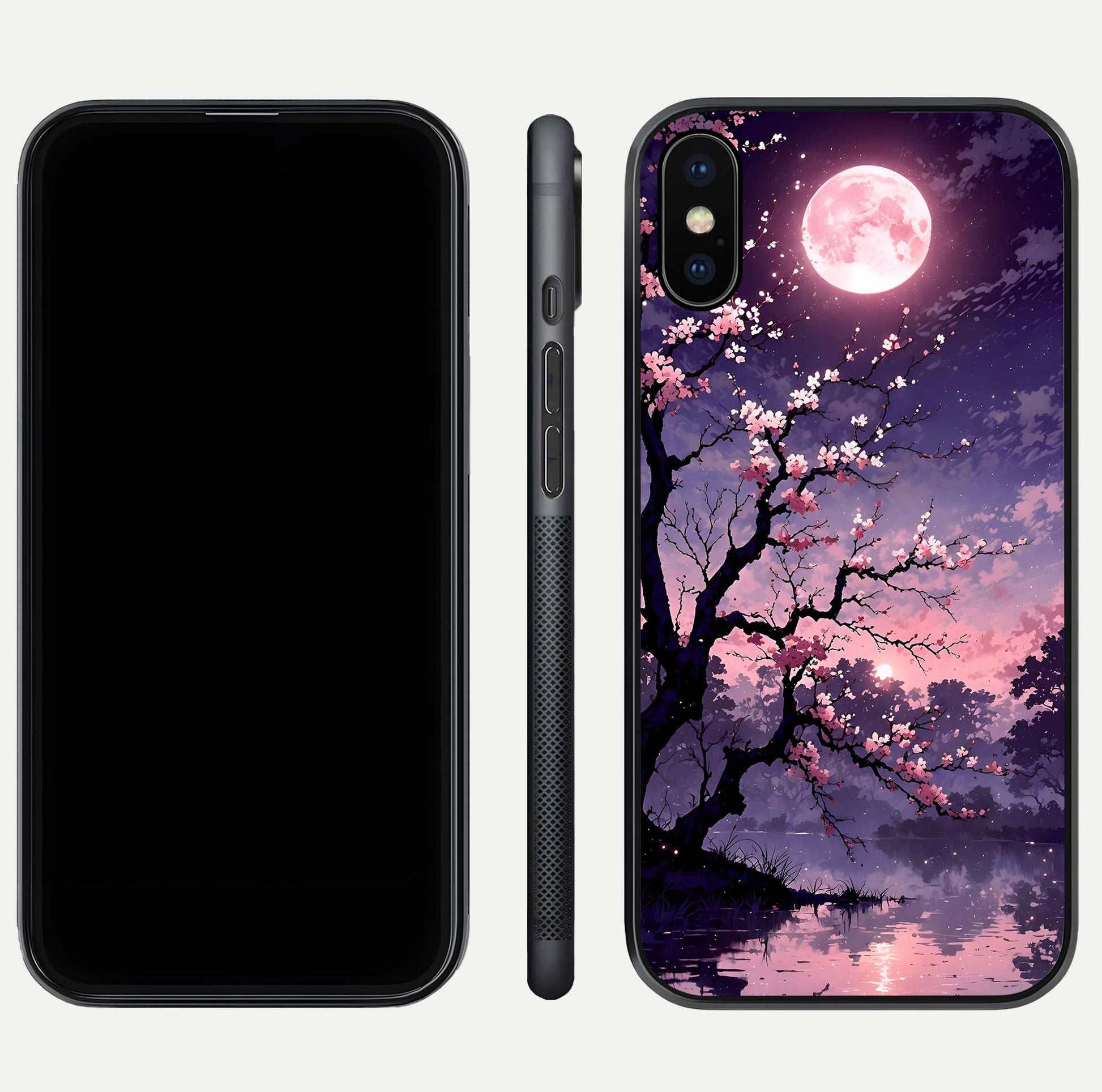 Blossom Pink Moon Glass Case for iPhone Xs Max front-and-back layout showing minimal edges and artistic flower print