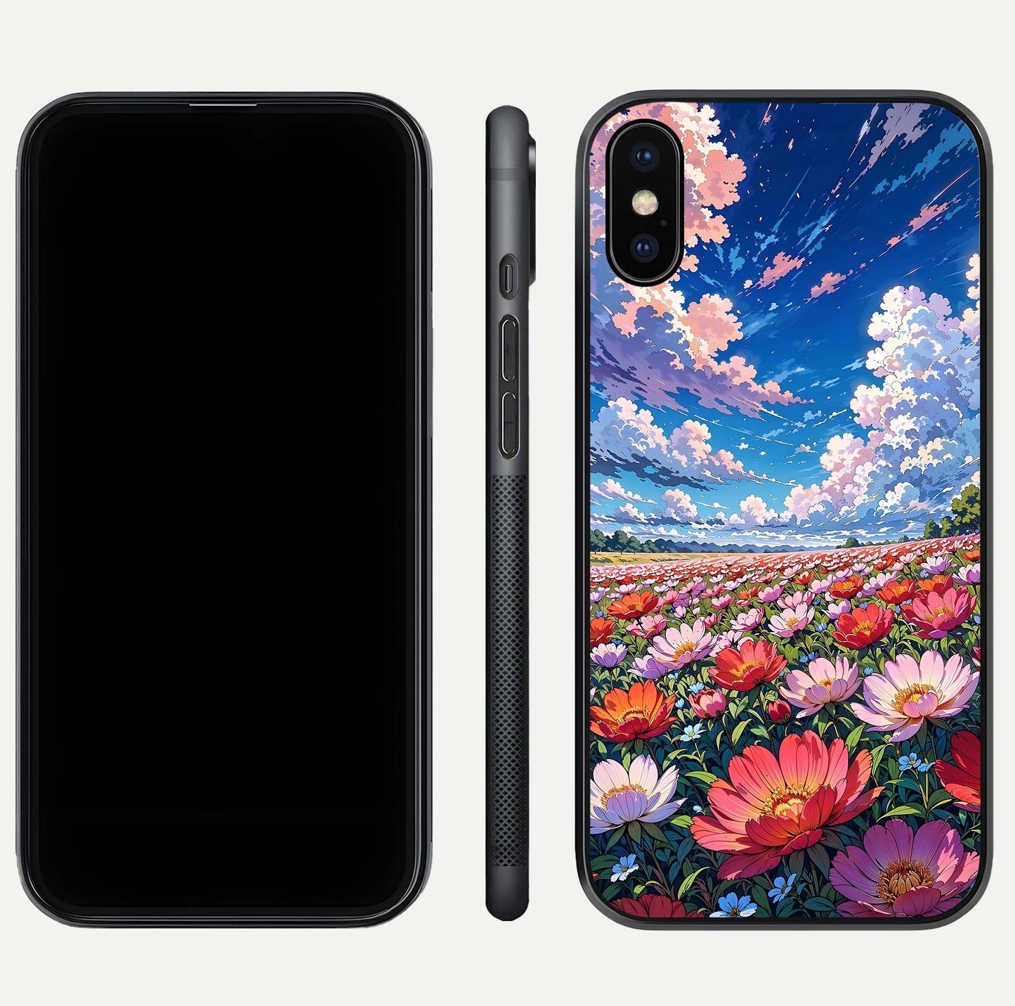 Blossom Sky Field Glass Case for iPhone Xs Max front-and-back layout highlighting design edges and gloss clarity