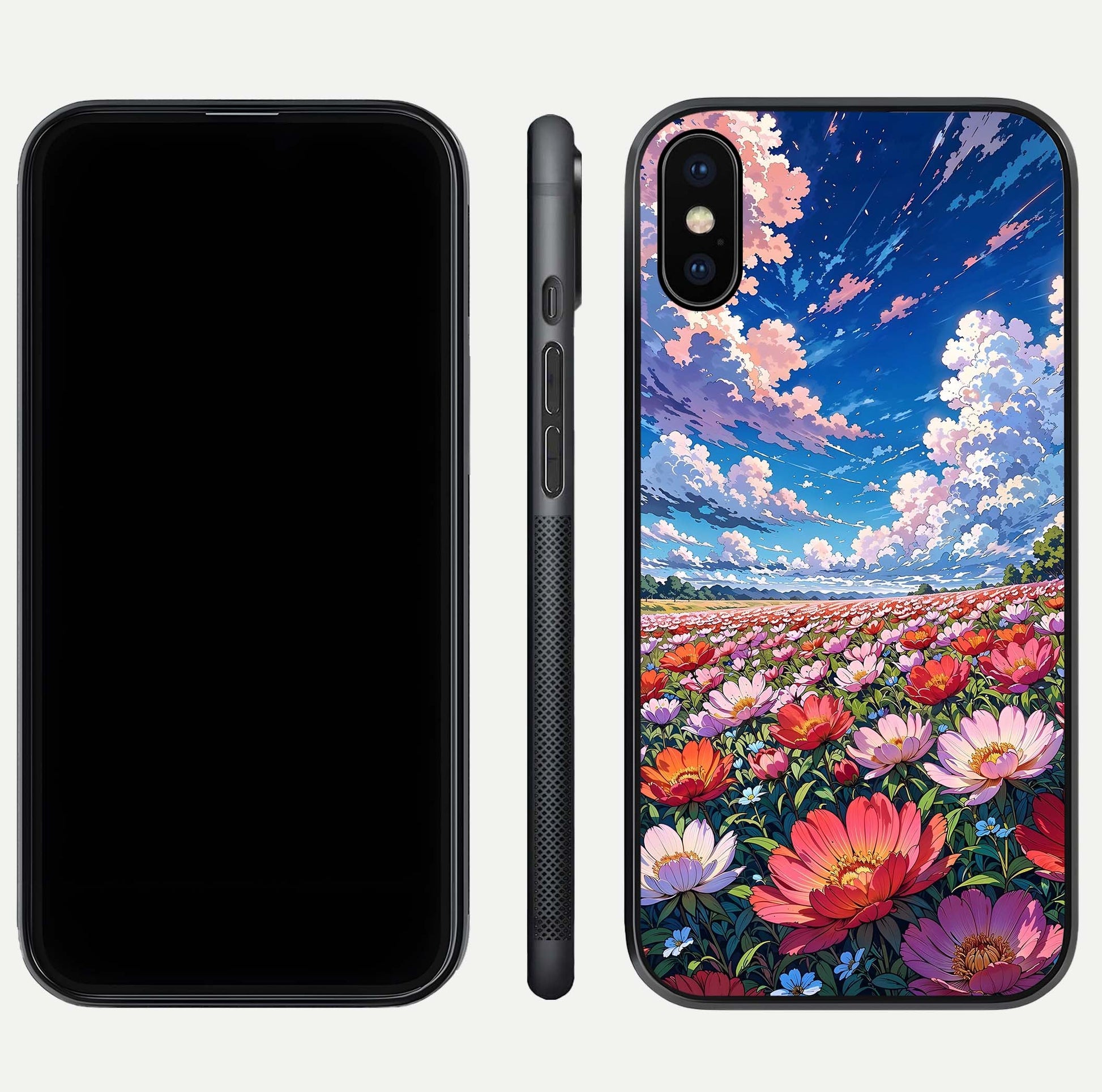 Blossom Sky Field Glass Case for iPhone Xs Max front-and-back layout highlighting design edges and gloss clarity