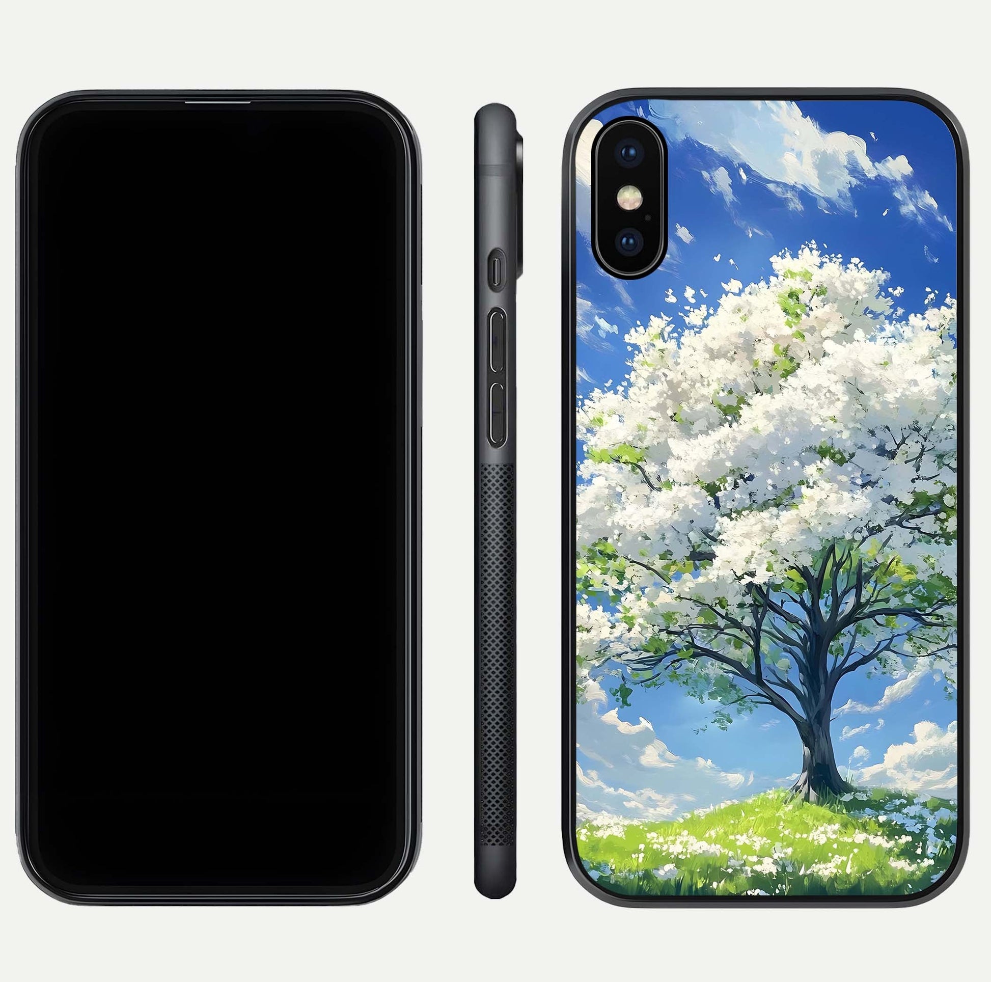 Blossom Sky Serenity Glass Case for iPhone Xs Max dual-view layout showing pastel hues and soft protective edges