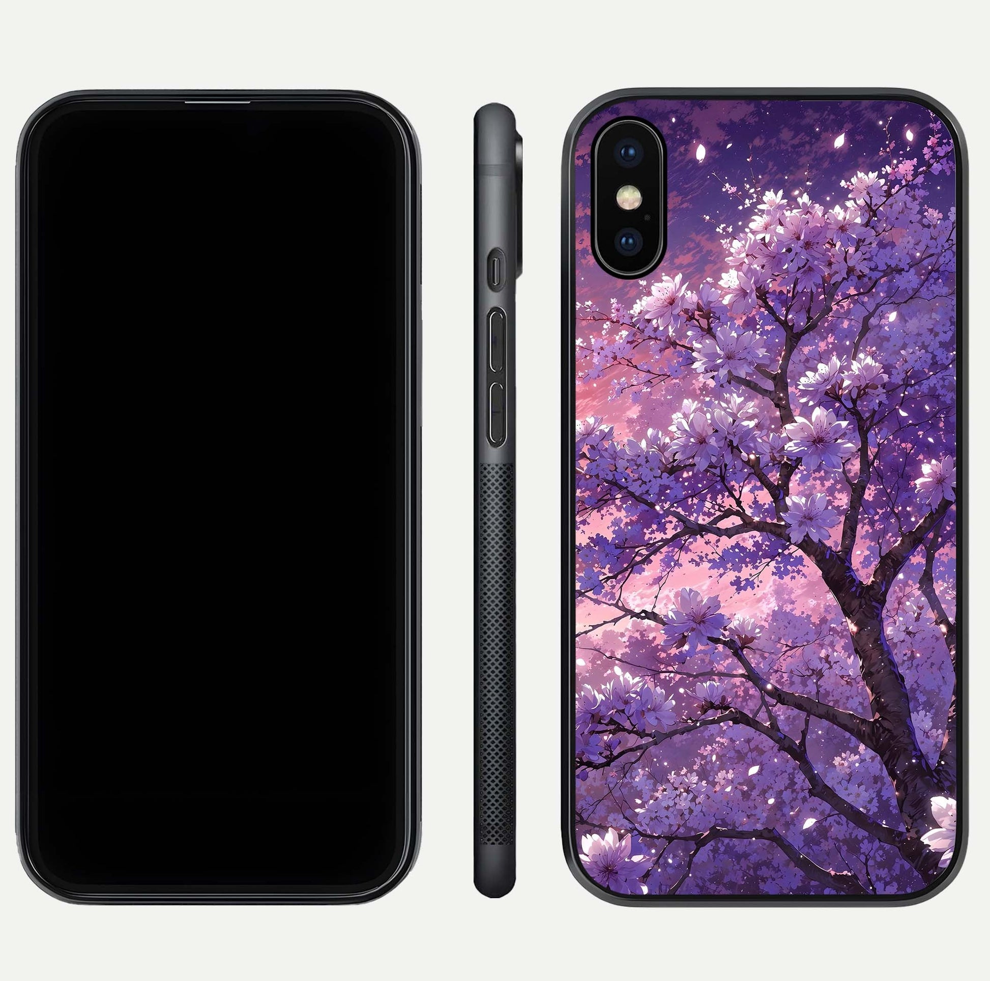 Blossom Tree Glass Case for iPhone Xs Max front-and-back layout showing art alignment and gloss reflection