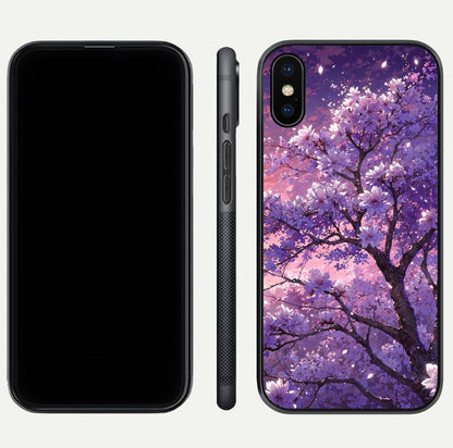 Blossom Tree Glass Case for iPhone Xs Max front-and-back layout showing art alignment and gloss reflection