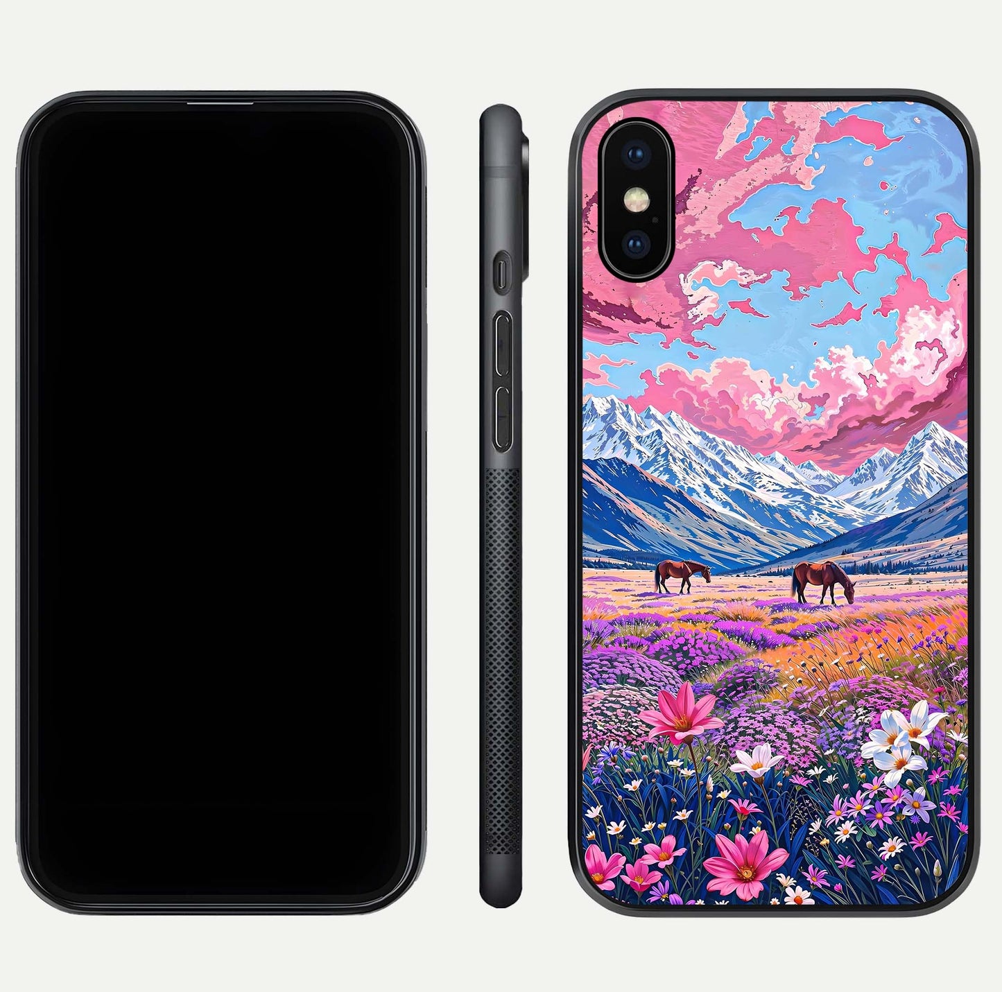 Blossom Valley Dream Glass Case for iPhone Xs Max front-and-back layout highlighting glossy reflection and edge cut