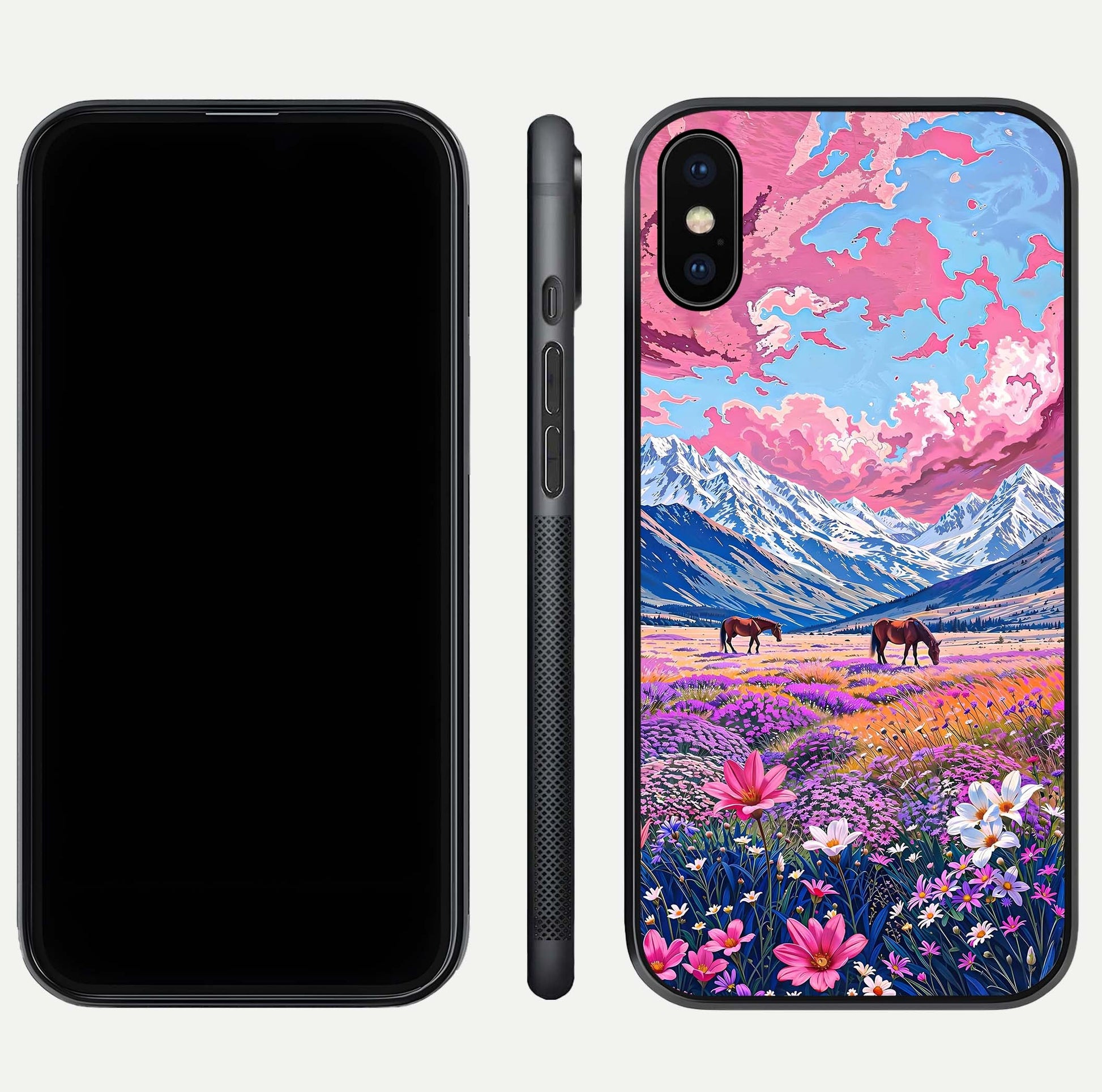 Blossom Valley Dream Glass Case for iPhone Xs Max front-and-back layout highlighting glossy reflection and edge cut