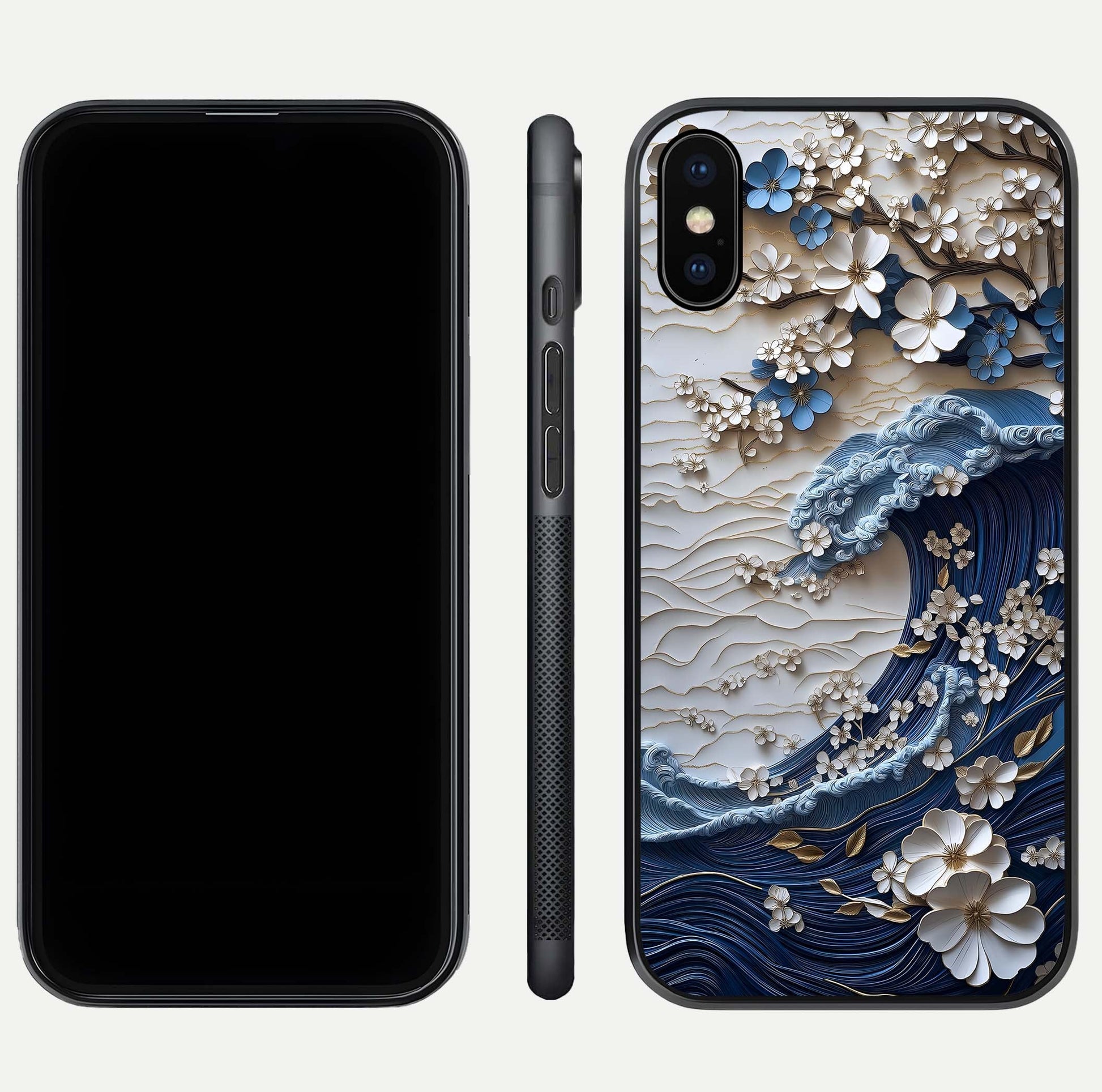 Blossom Wave Art Glass Case for iPhone Xs Max front-and-back layout showing curved design and glass clarity