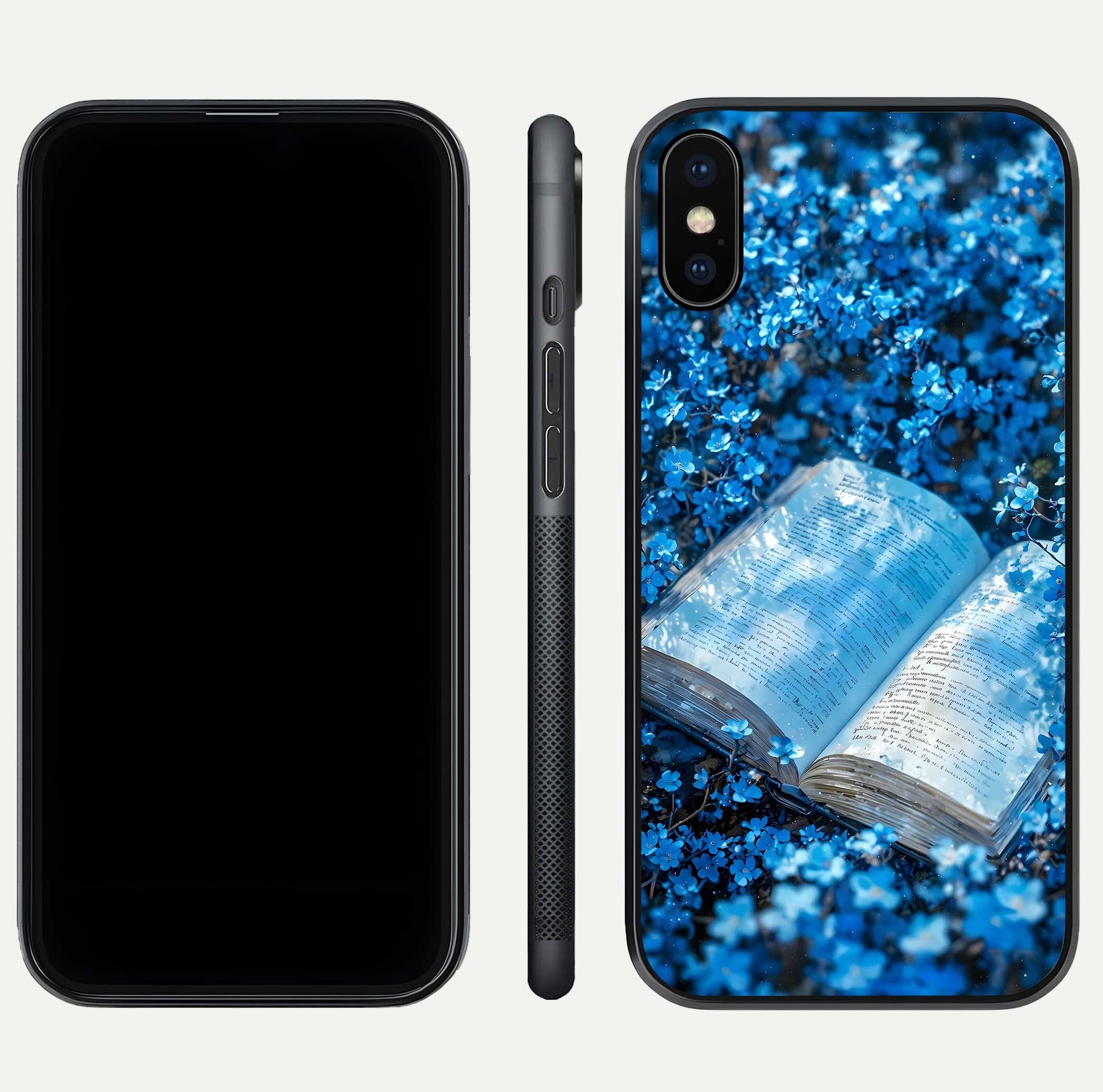 Blue Bloom Tales Glass Case for iPhone Xs Max dual-view layout highlighting shine, floral print, and smooth edges