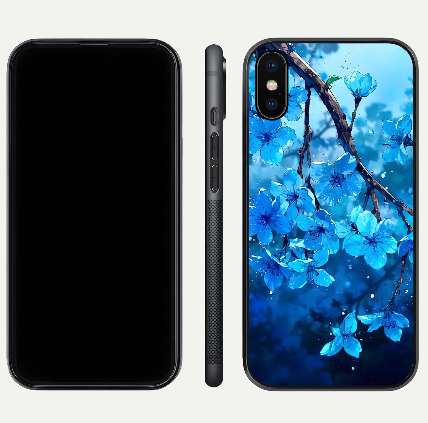 Blue Blossoms Branch Glass Case for iPhone Xs Max dual-view layout displaying floral art and sleek protective frame