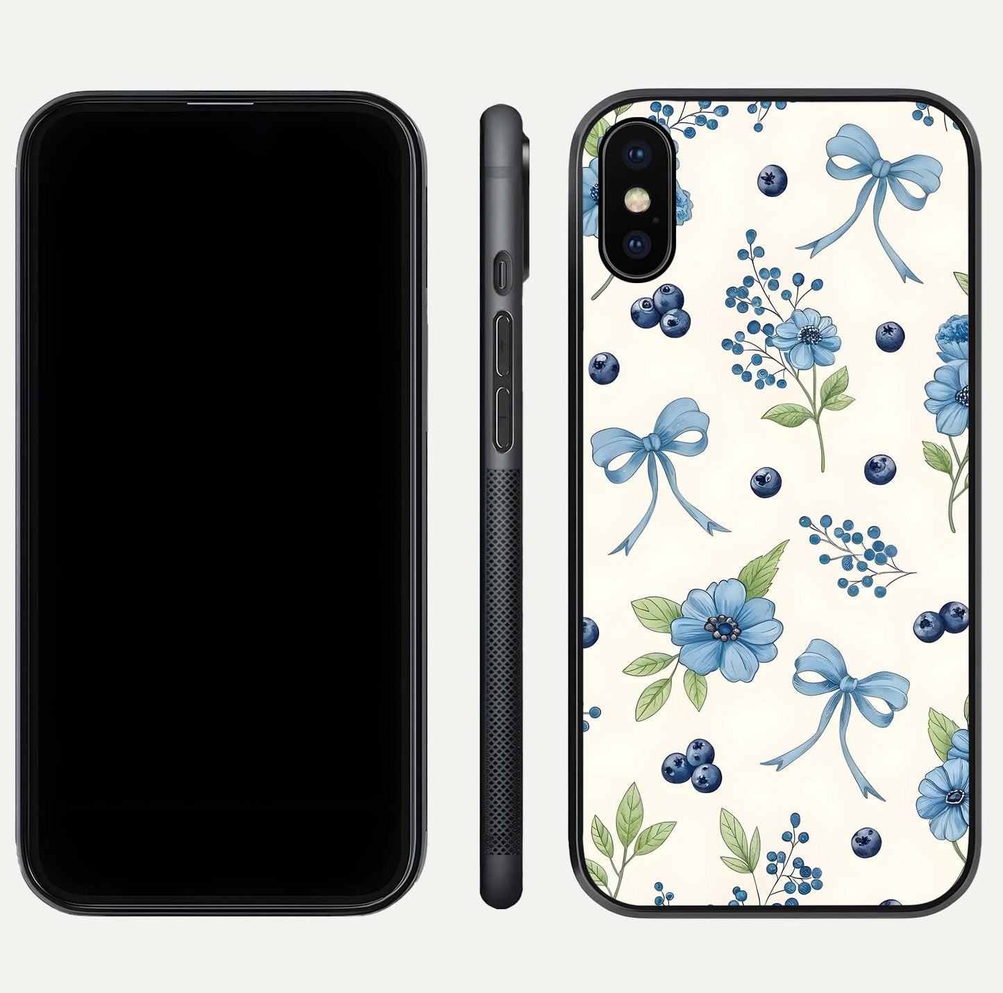 Blue Flower & Bow Glass Case for iPhone Xs Max dual-view layout showing balanced pattern and smooth edges