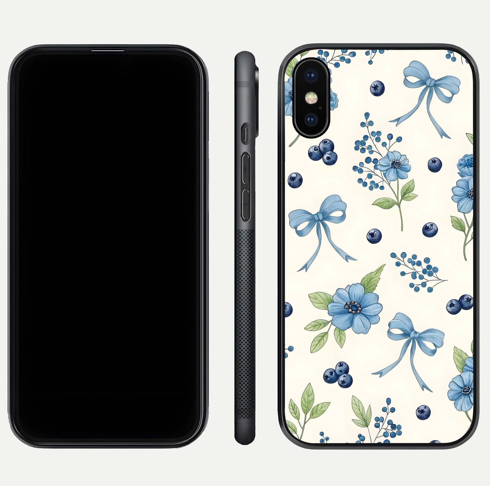 Blue Flower & Bow Glass Case for iPhone Xs Max dual-view layout showing balanced pattern and smooth edges