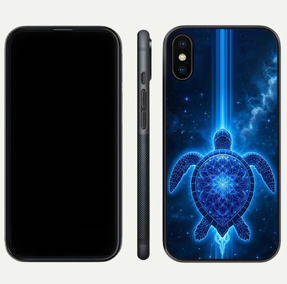 Blue Galaxy Turtle Glass Case for iPhone Xs Max front-and-back layout highlighting cosmic art and reflective glass