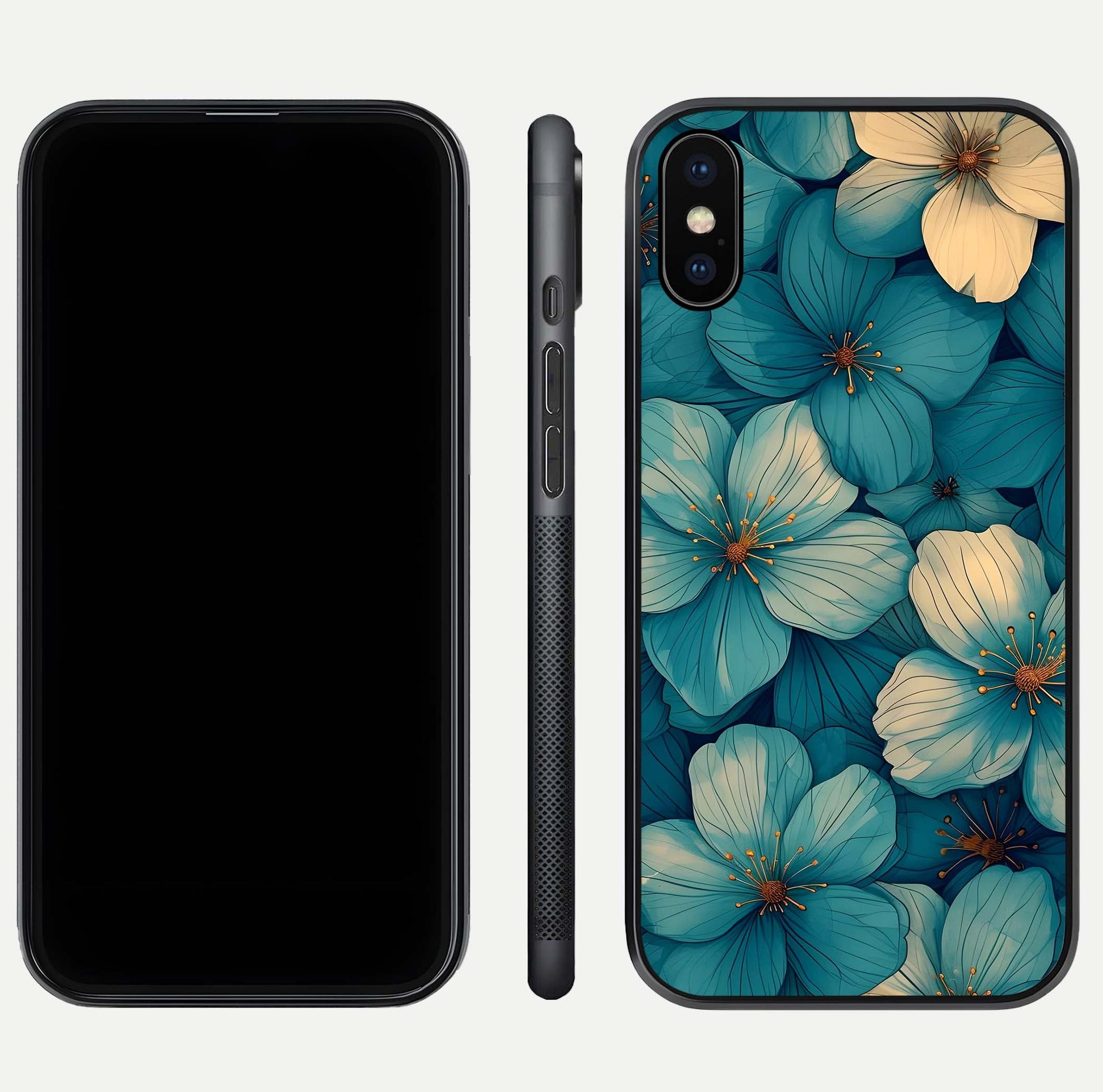 Blue Shade Floral Glass Case for iPhone Xs Max front-and-back layout displaying bloom contrast and edge polish