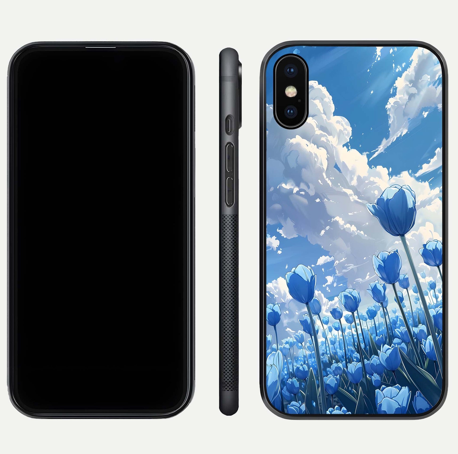 Blue Tulip Clouds Glass Case for iPhone Xs Max front-and-back layout showcasing floral detail and polished edges