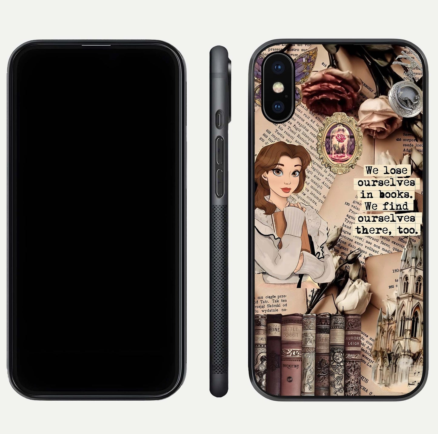 Bookish Dream World Glass Case for iPhone Xs Max dual-view layout displaying colorful fantasy print and edge finish