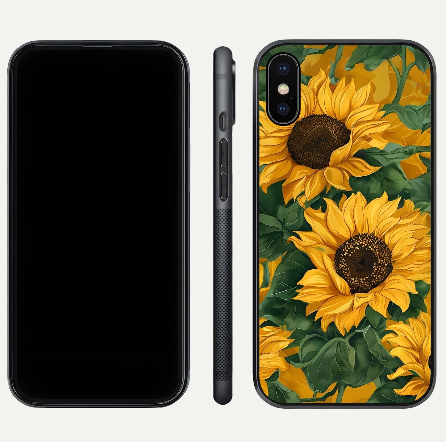 Bright Sunflower Bloom Glass Case for iPhone Xs Max dual-view layout displaying floral glow and curved glass edge