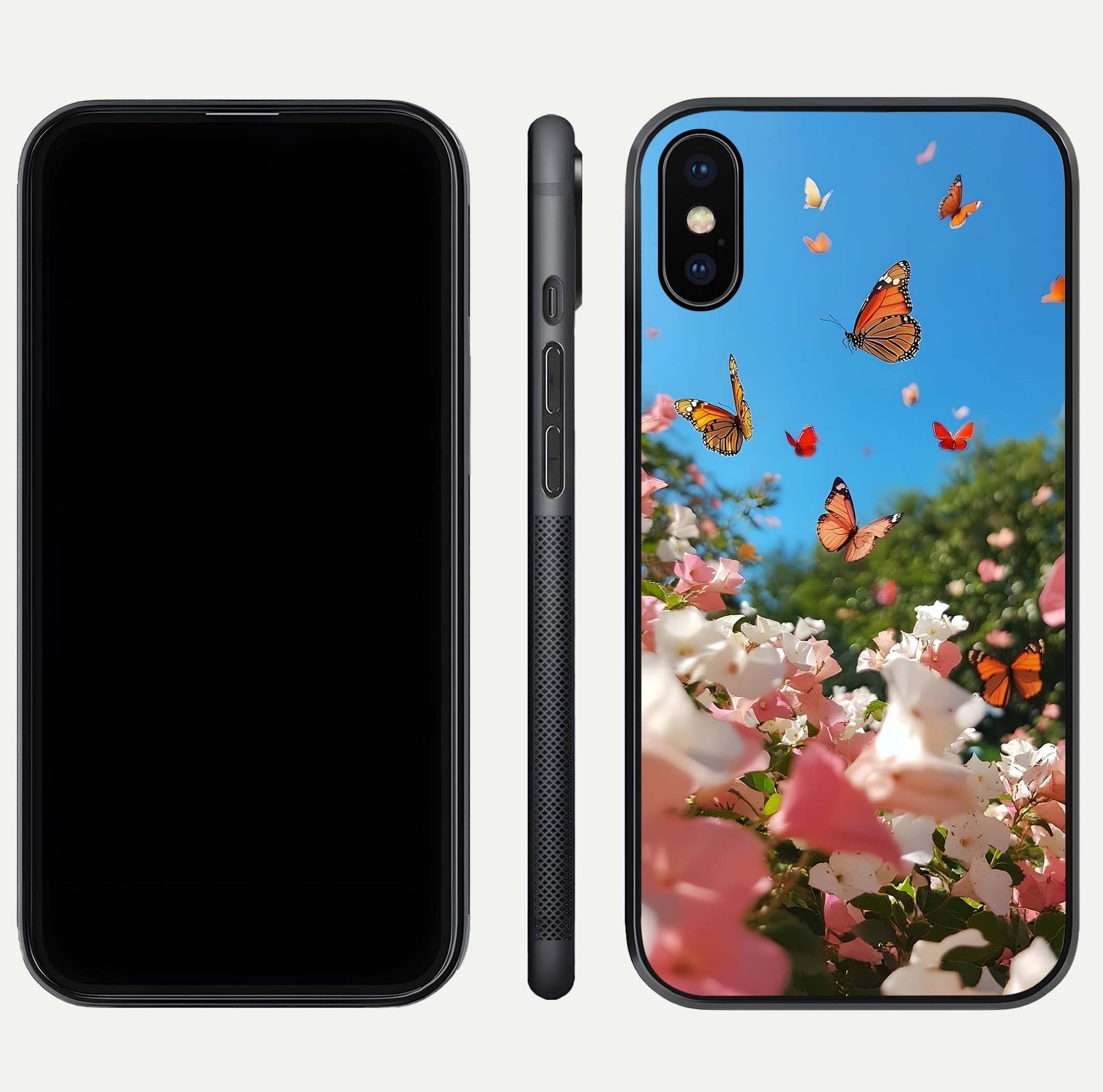 Butterflies in Bloom Sky Glass Case for iPhone Xs Max dual-view layout displaying elegant composition and glass gloss