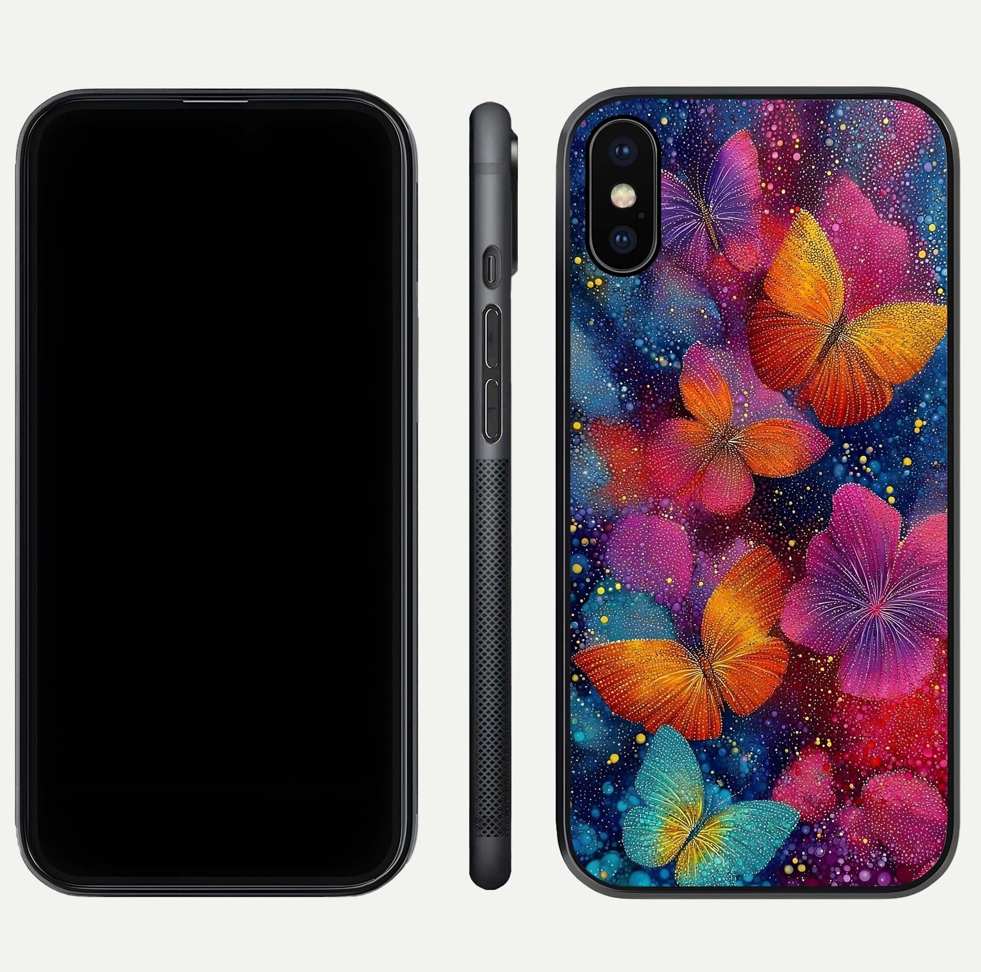 Butterfly Dream Mist Glass Case for iPhone Xs Max dual-view layout showing mist background and edge polish