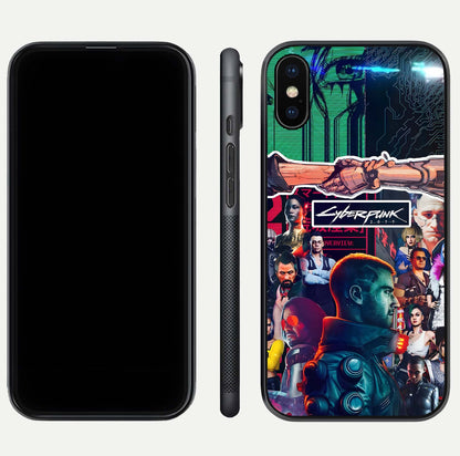 CYBERPUNK Legacy Glass Case for iPhone Xs Max dual-view layout showing cyberpunk hues and glass precision