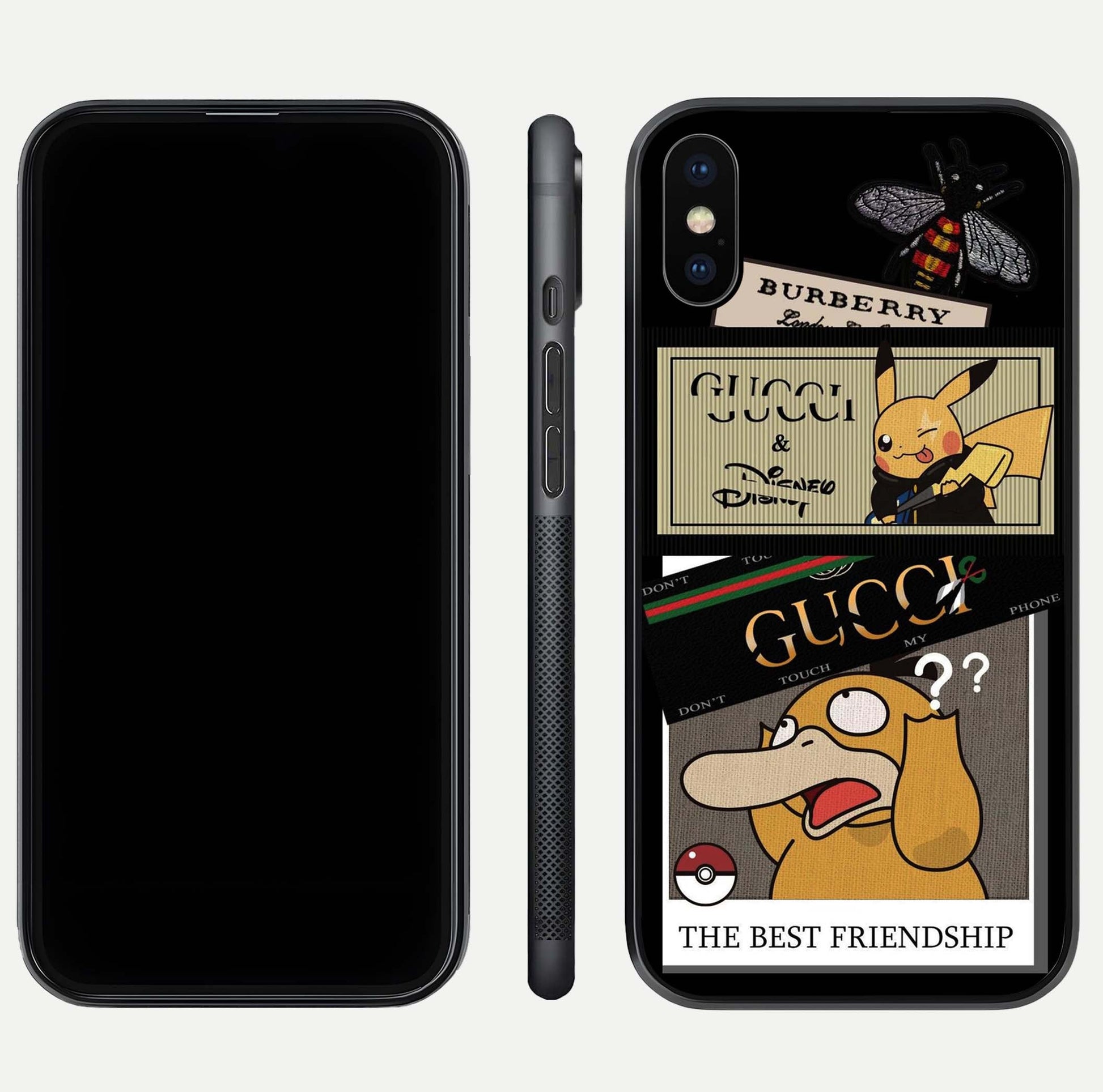 Cartoon Brand Play Mashup Glass Case for iPhone Xs Max front and back view layout highlighting multi-logo artwork and curved edges