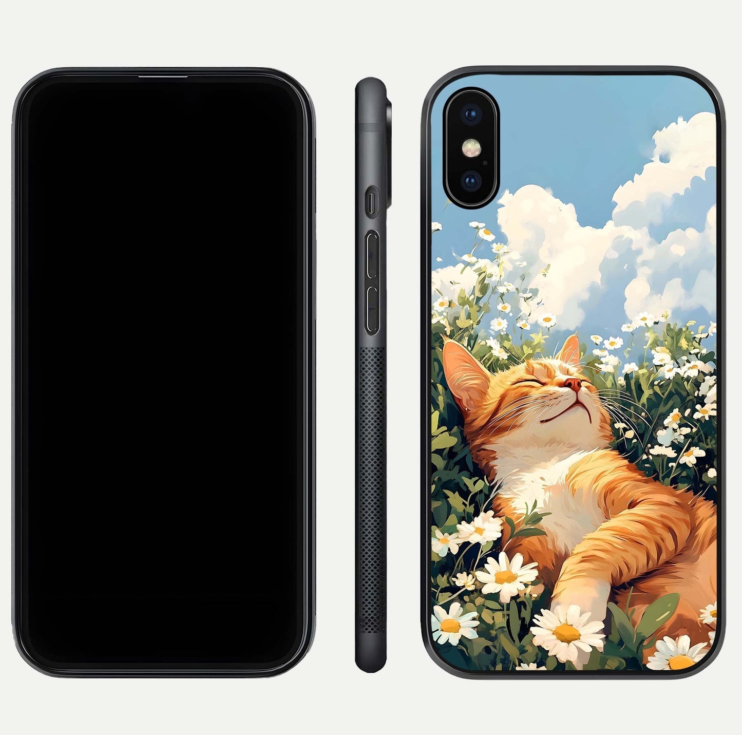 Cat & Flowers View Glass Case for iPhone Xs Max front-and-back layout showing floral balance and gloss surface