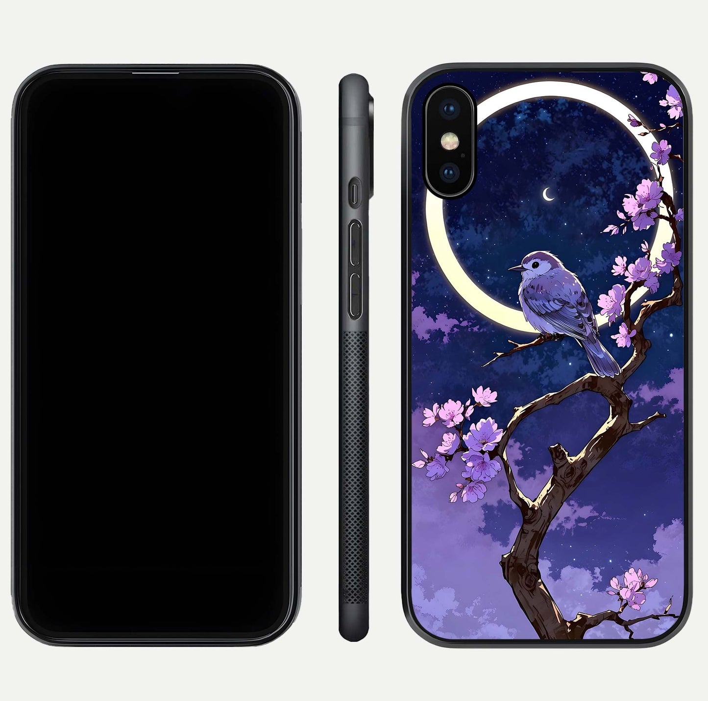 Celestial Bird Blossom Glass Case for iPhone Xs Max dual-view layout showing art composition and edge clarity