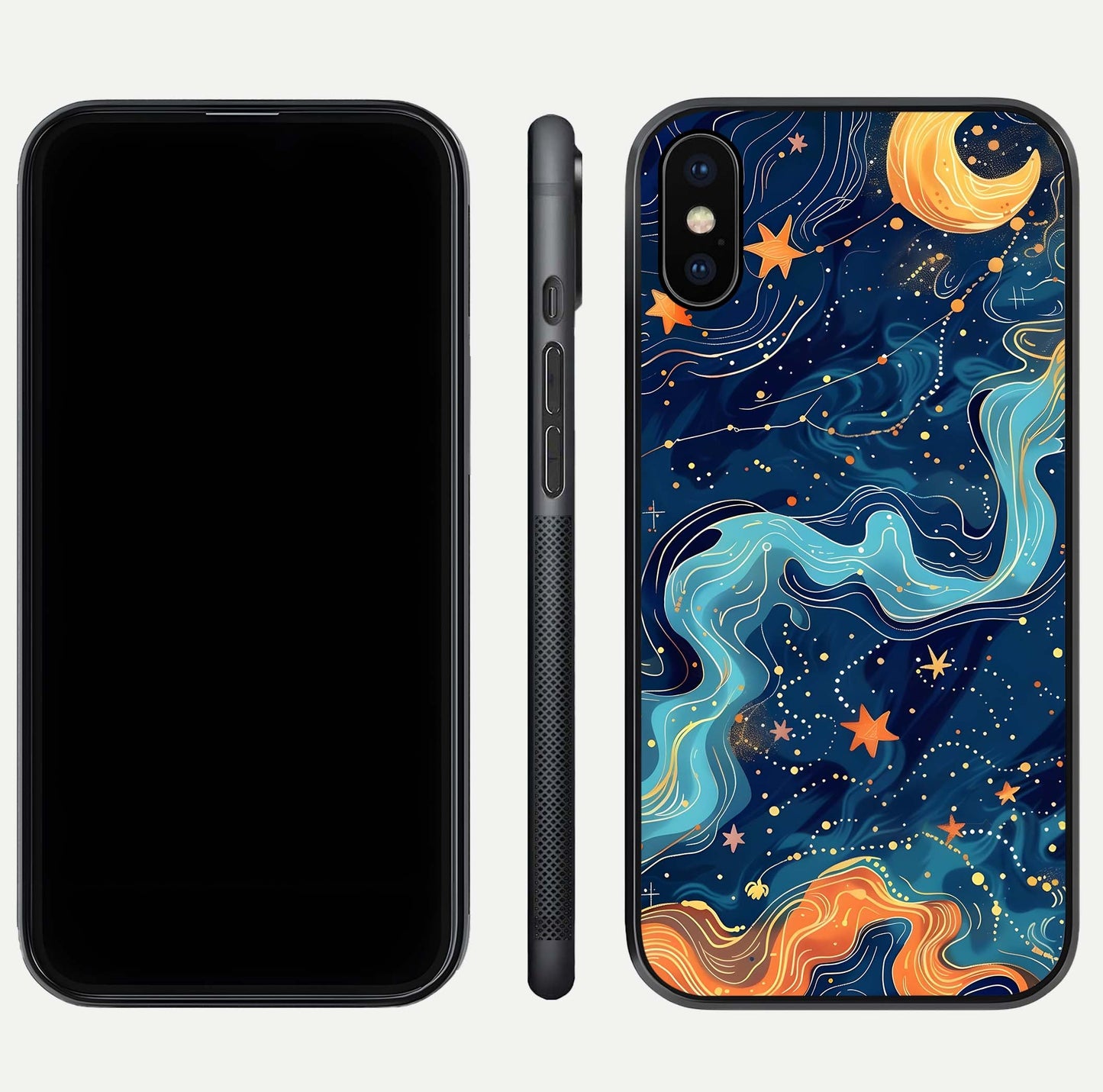 Celestial Dream Flow Glass Case for iPhone Xs Max dual-view layout showing abstract flow and curved glass