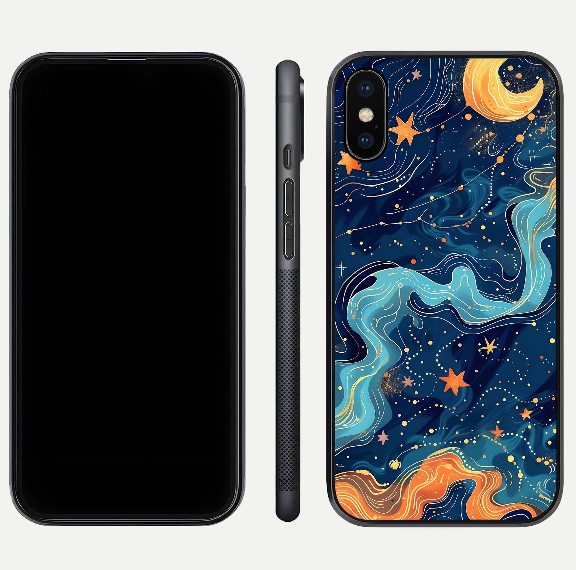 Celestial Dream Flow Glass Case for iPhone Xs Max dual-view layout showing abstract flow and curved glass
