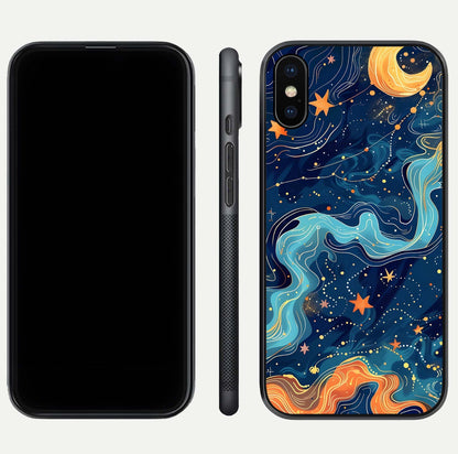 Celestial Dream Flow Glass Case for iPhone Xs Max dual-view layout showing abstract flow and curved glass