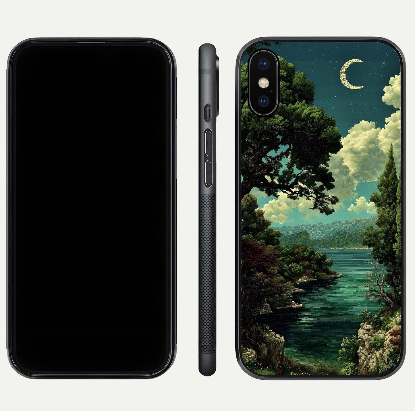 Celestial Lake Peace Glass Case for iPhone Xs Max dual-view layout showing soft hues and HD shine
