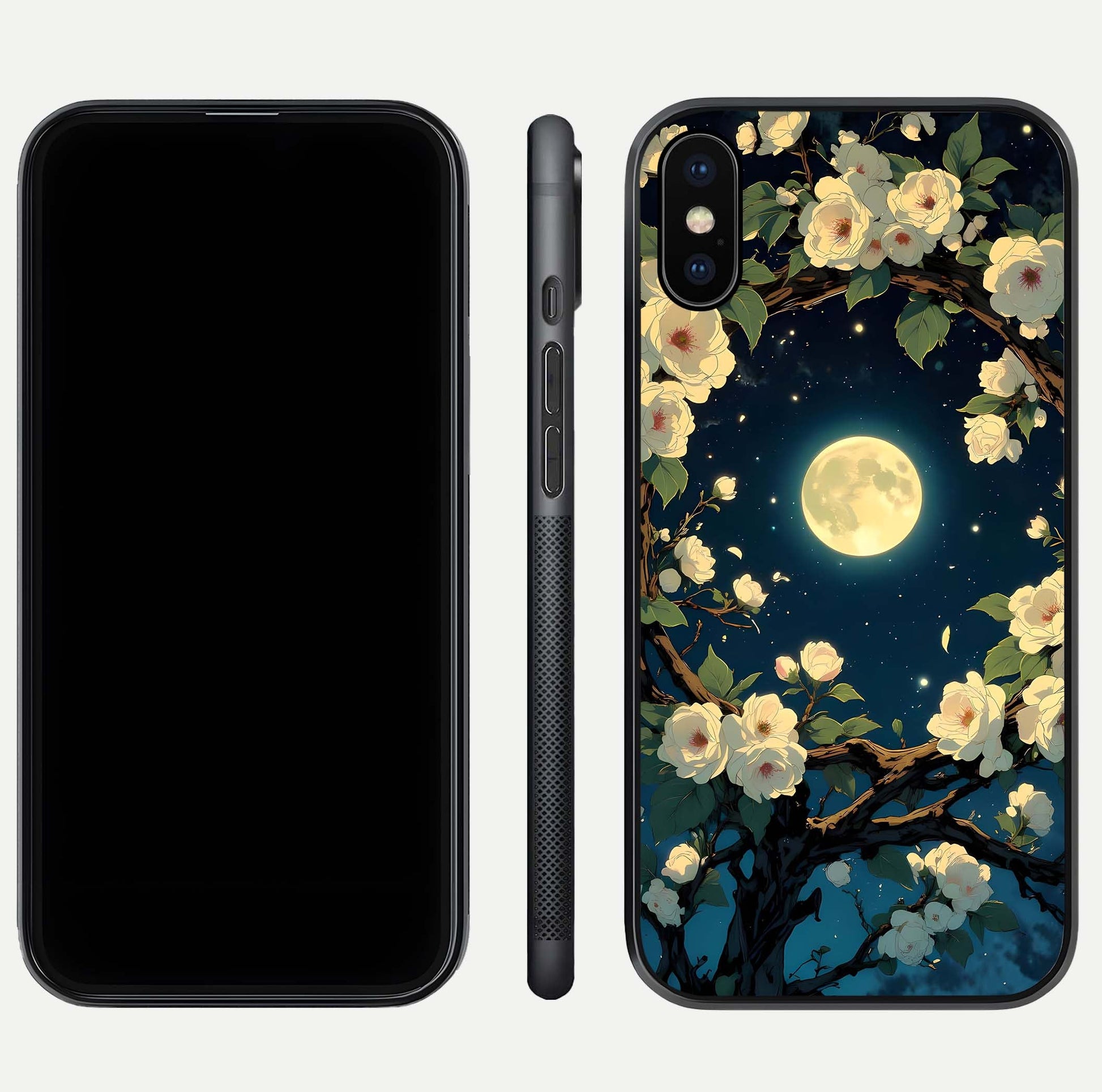 Celestial Moon & Flower Glass Case for iPhone Xs Max dual-view layout showing balanced lunar art and gloss tone