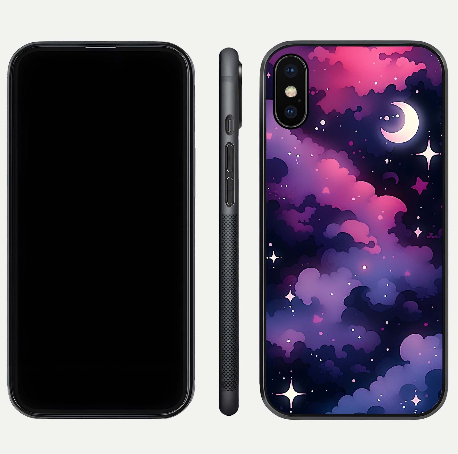 Celestial Moon Magic Glass Case for iPhone Xs Max dual-view layout displaying lunar design and sleek edges
