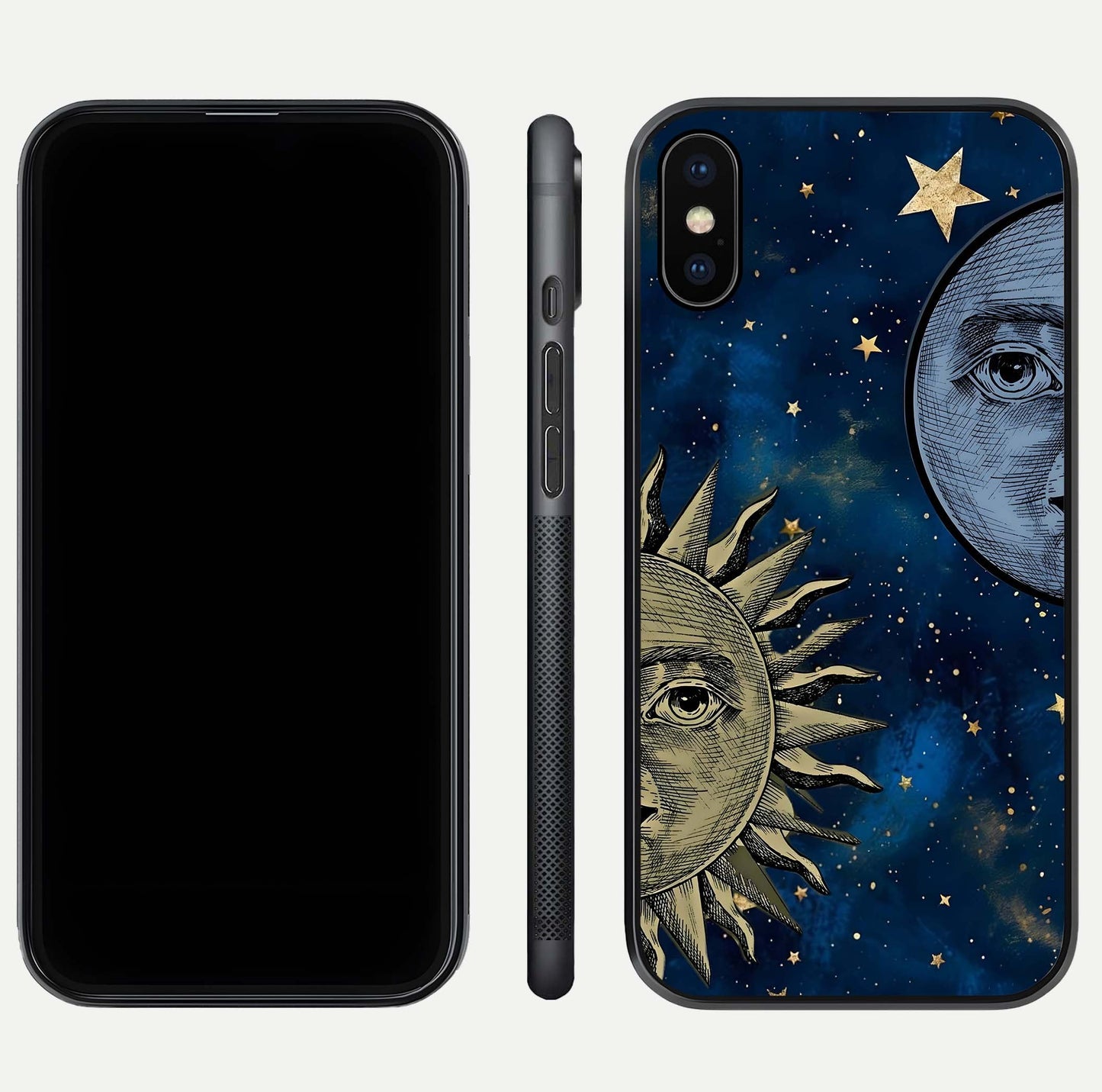 Celestial Moon With Sun Glass Case for iPhone Xs Max dual-view layout showing luminous pattern and curved edges