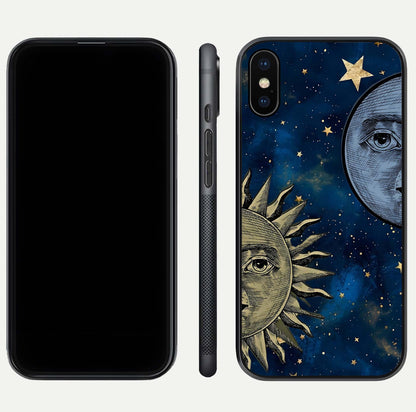 Celestial Moon With Sun Glass Case for iPhone Xs Max dual-view layout showing luminous pattern and curved edges