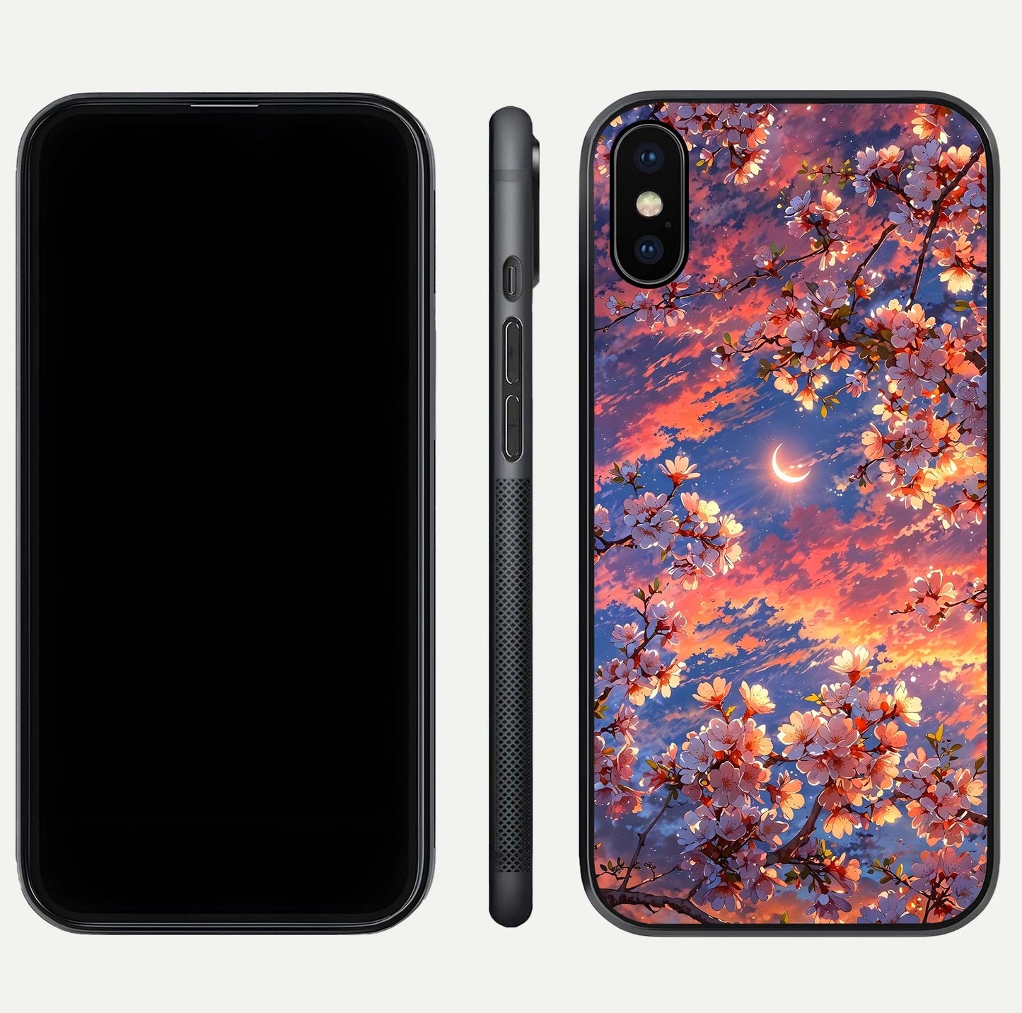 Celestial Sakura Sunset Glass Case for iPhone Xs Max dual-view layout showing floral gradient and reflection polish