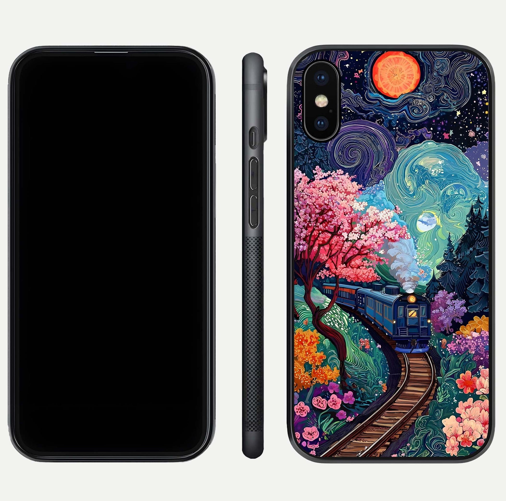 Celestial Train Journey Glass Case for iPhone Xs Max dual-view layout showing cosmic art balance and curved glass edges