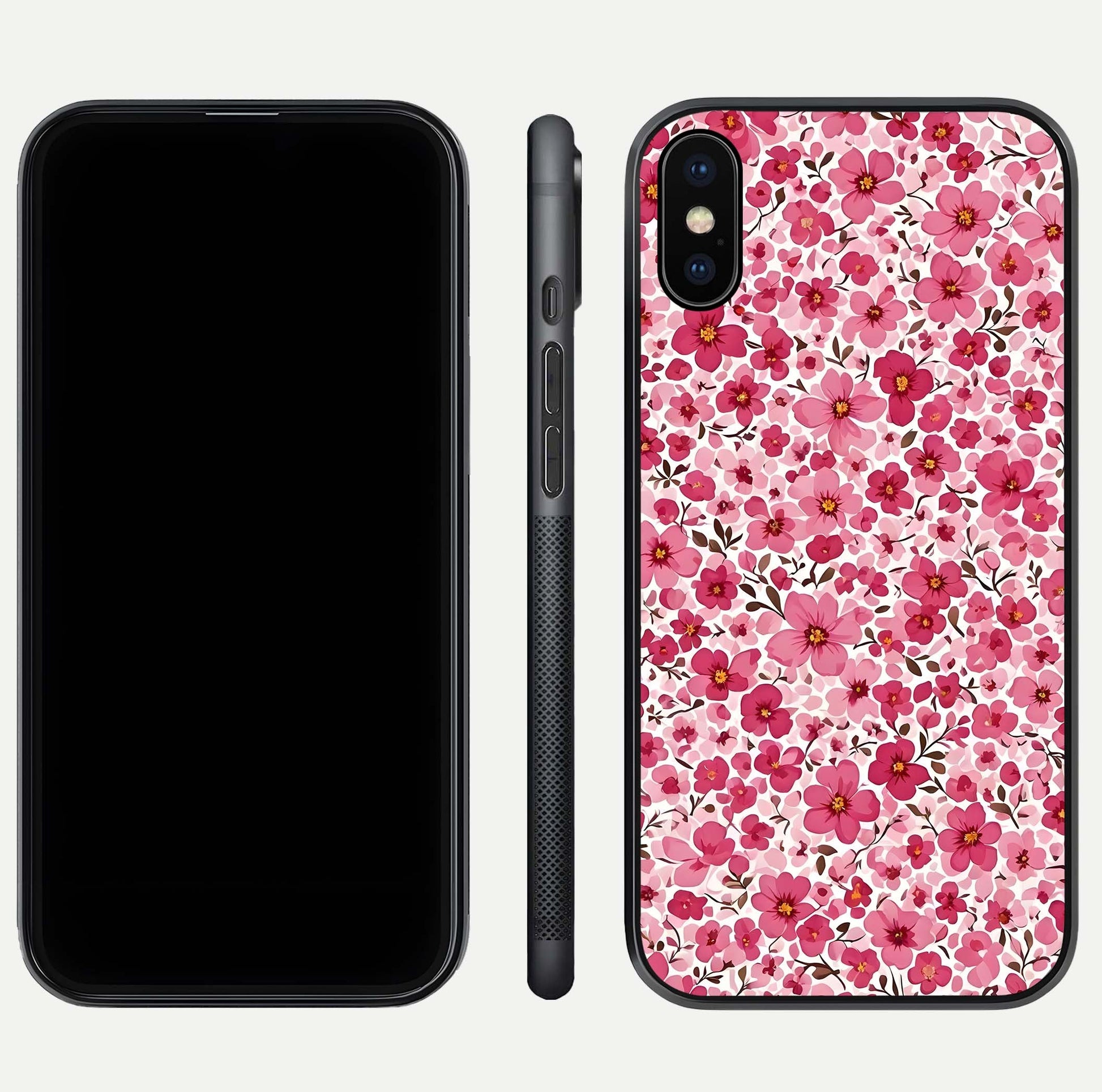 Cherry Blossom Charm Glass Case for iPhone Xs Max dual-view layout showing elegant floral balance and HD gloss