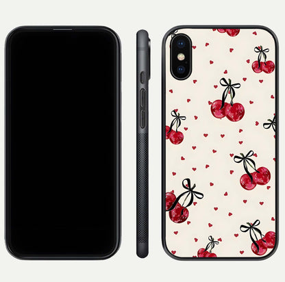 Cherry Heart Bow Glass Case for iPhone Xs Max front-and-back view showing design clarity and edge protection