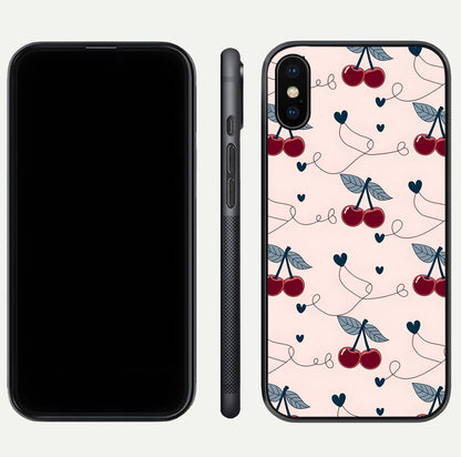 Cherry Heart Line Glass Case for iPhone Xs Max dual-view layout displaying minimal cherry motif and edge design