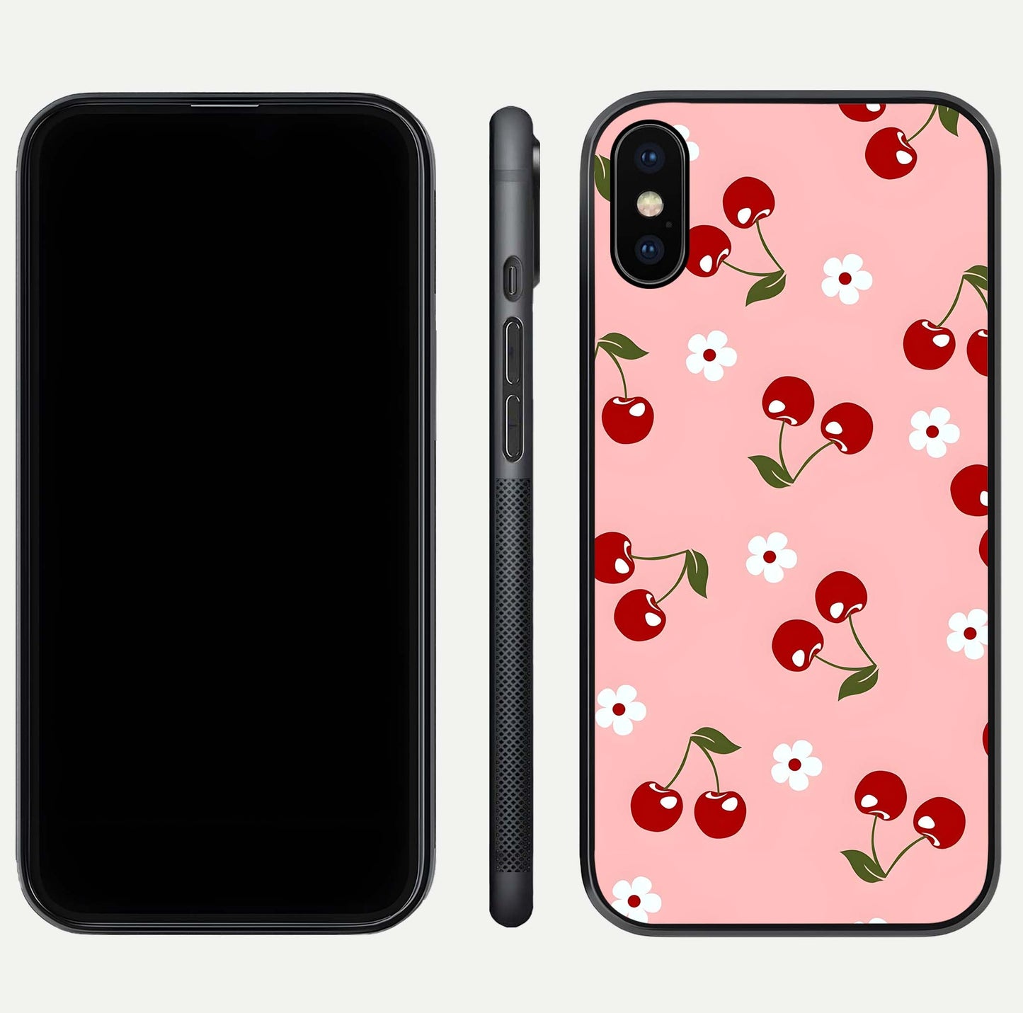 Cherry Love Mood Glass Case for iPhone Xs Max dual-view layout showing design alignment and curved edges