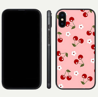 Cherry Love Mood Glass Case for iPhone Xs Max dual-view layout showing design alignment and curved edges