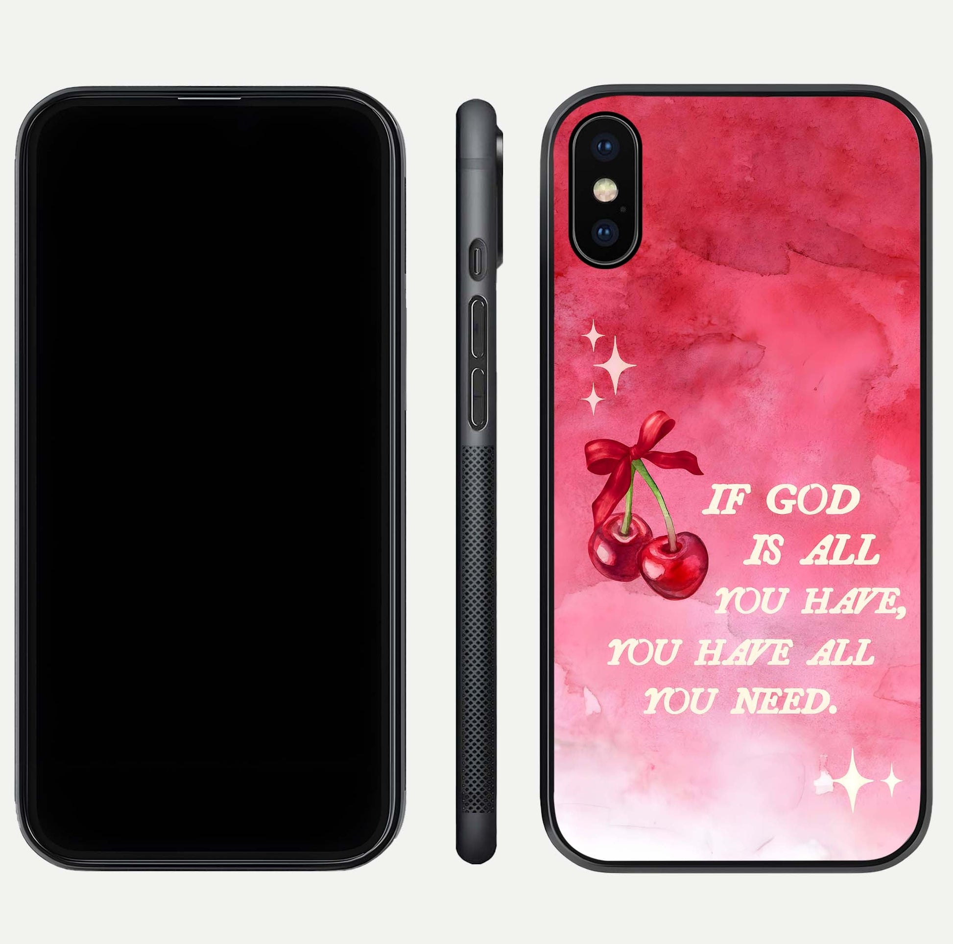 Cherry Quote Glass Case for iPhone Xs Max dual-view layout showing red cherry tones and text balance
