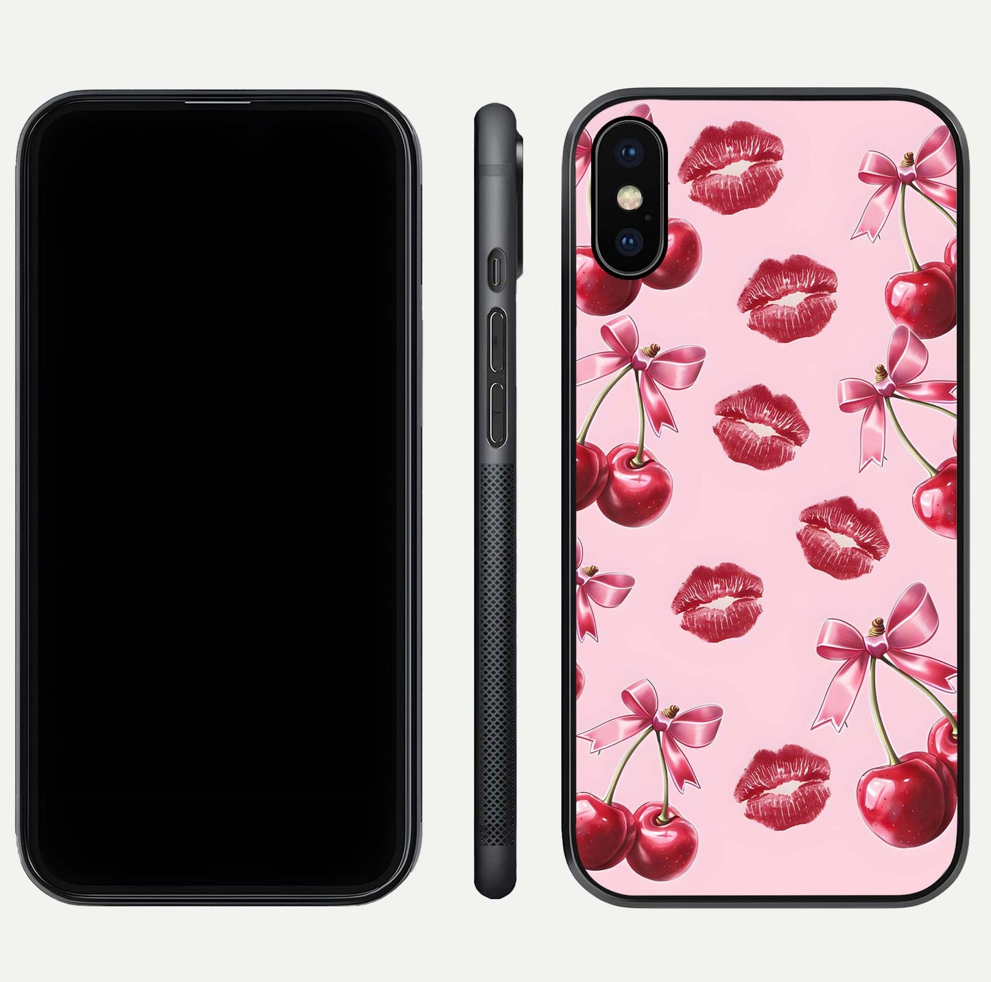 Cherry With Lips Glass Case for iPhone Xs Max front-and-back layout displaying detailed design and glass finish